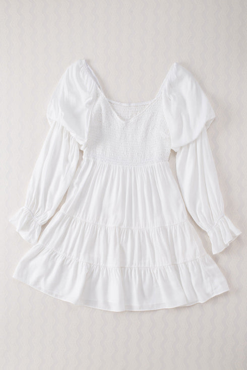 Boho Solid Shirred Ruffle Mini Dress